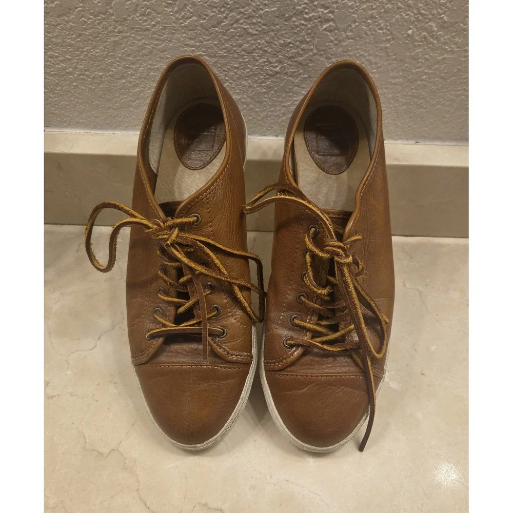 Vintage Frye Boot Co Sneakers Shoes In Cognac Soft Leather Lace Up Size M9/W10.5